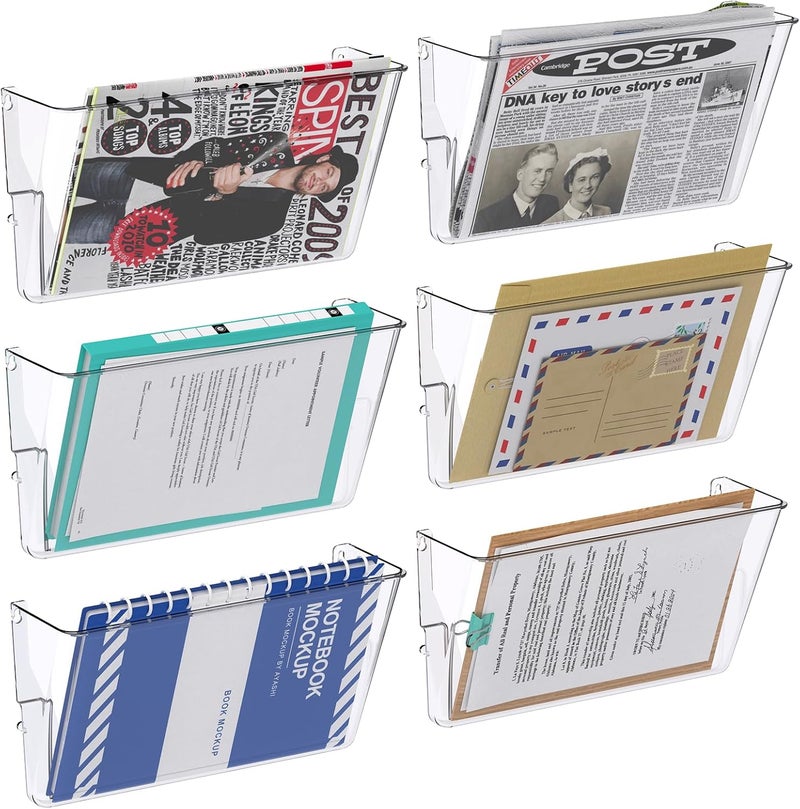 Samstar 6 Pack Clear Wall File Holder, Wall Mount Acrylic File Organizer Hanging Wall Pocket Mail Magazines Organizer for Office,Home - Image 1